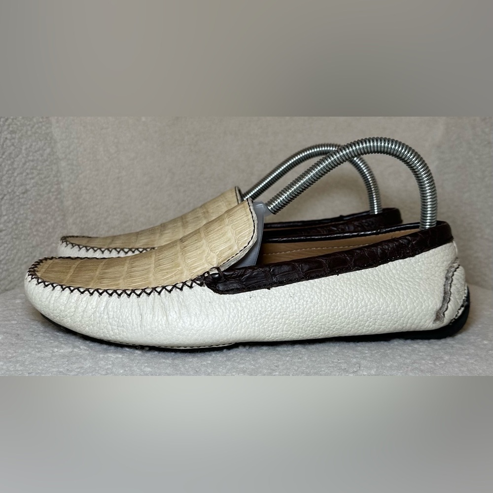 Patrick Gibbons handmade men’s‎ driving loafers tan cream brown crocodile skin 8
